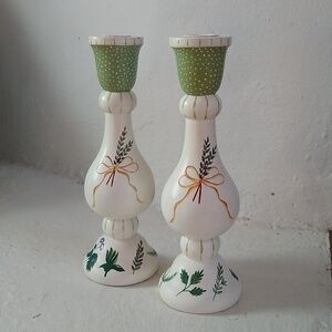 Hand Painted Turned Wood Candle Holders Botanical Folk Art Cottage 9.75" Tall